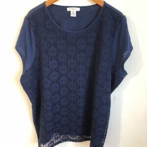 Liz Claiborne Navy Crochet lace overlay on front Short sleeve Tee Shirt Size 2X